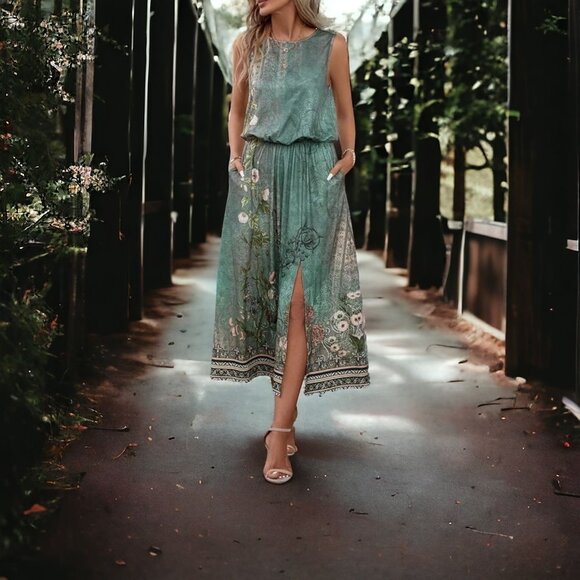 🆕️Enchanting Boho Midi Dress | Green Floral Sleeveless with Thigh Slit 🌸🌿💃 - Picture 5 of 16